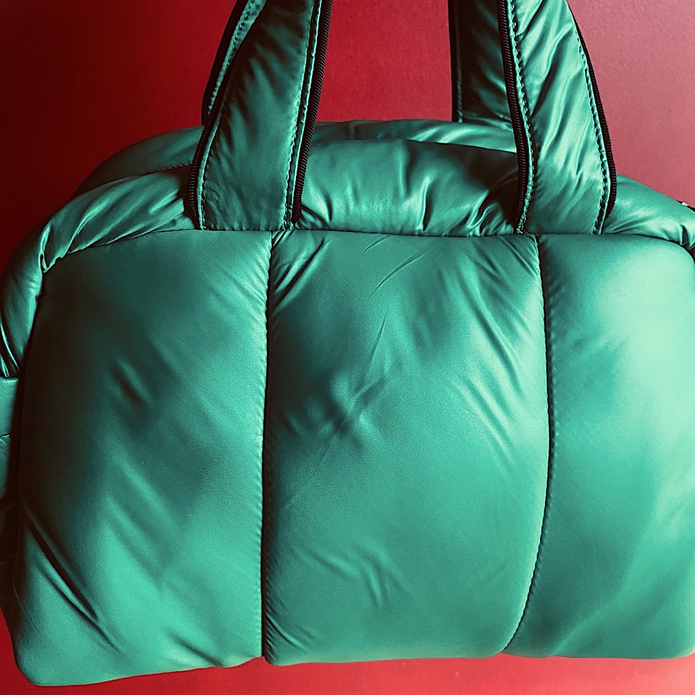 Kate Spade Fabric & Leather Trim Choux Puffy Satchel Crossbody Green NWOT - Picture 3 of 16